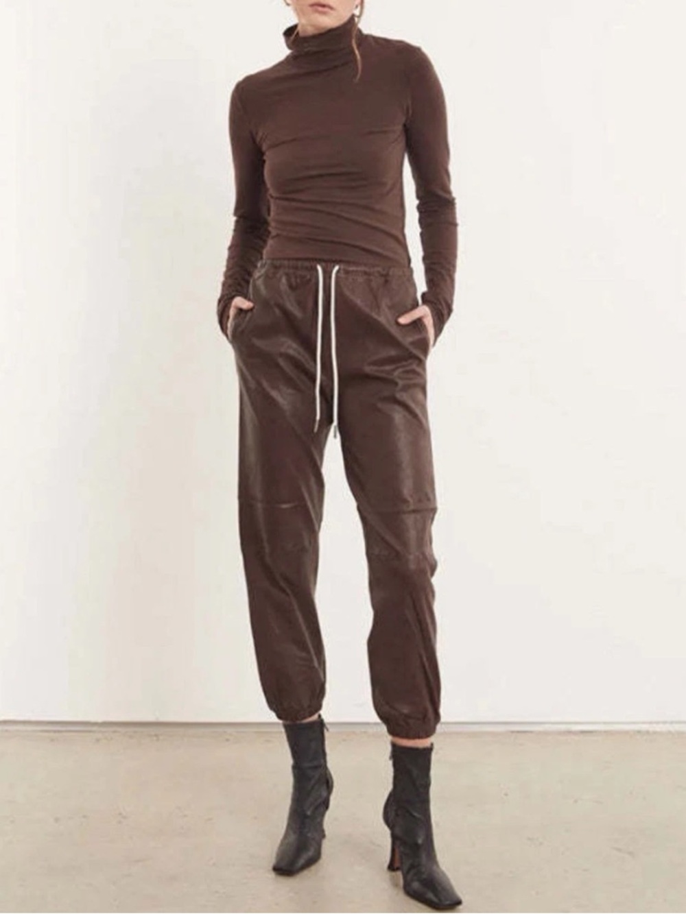 SPRWMN Leather Dark Chocolate Brown Leather Jogger Sweatpants